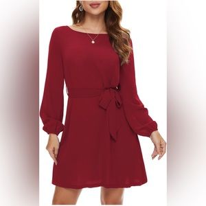Long Sleeve Short Dress Boatneck Tie Waist Dresses